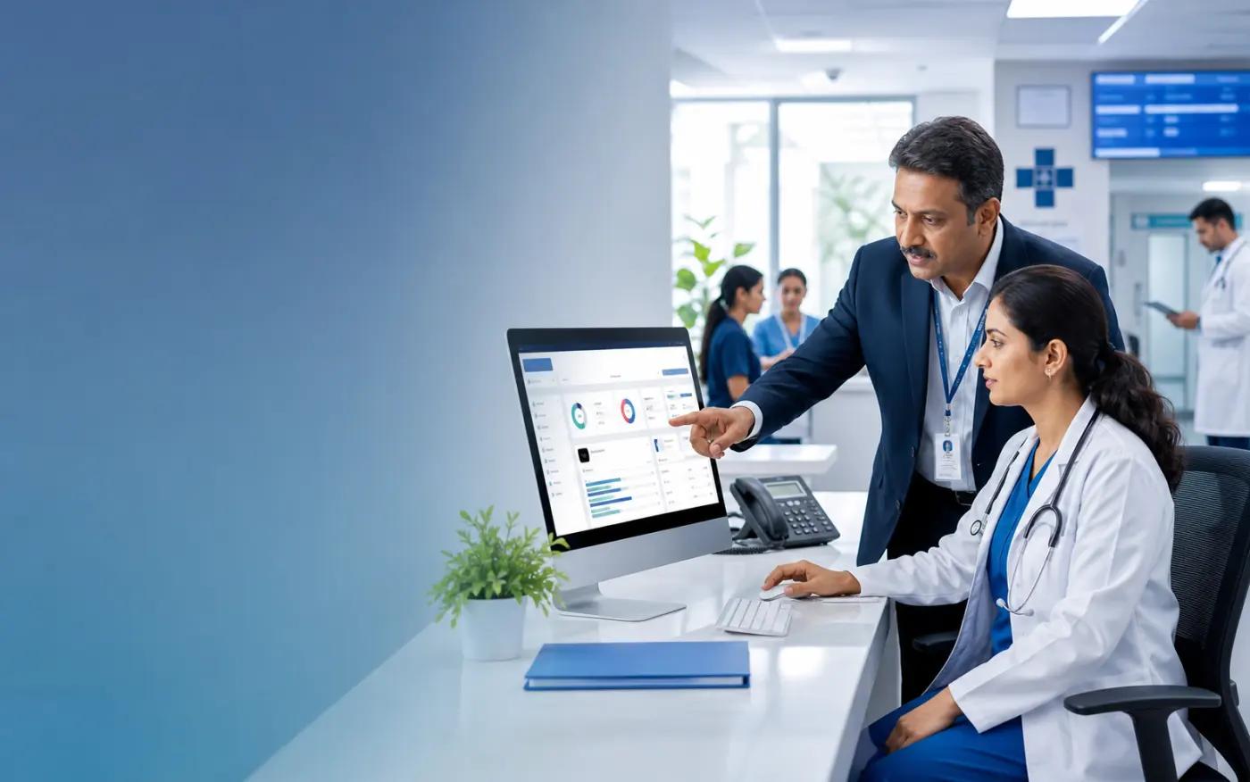 Doctor and hospital administrator using hospital management software