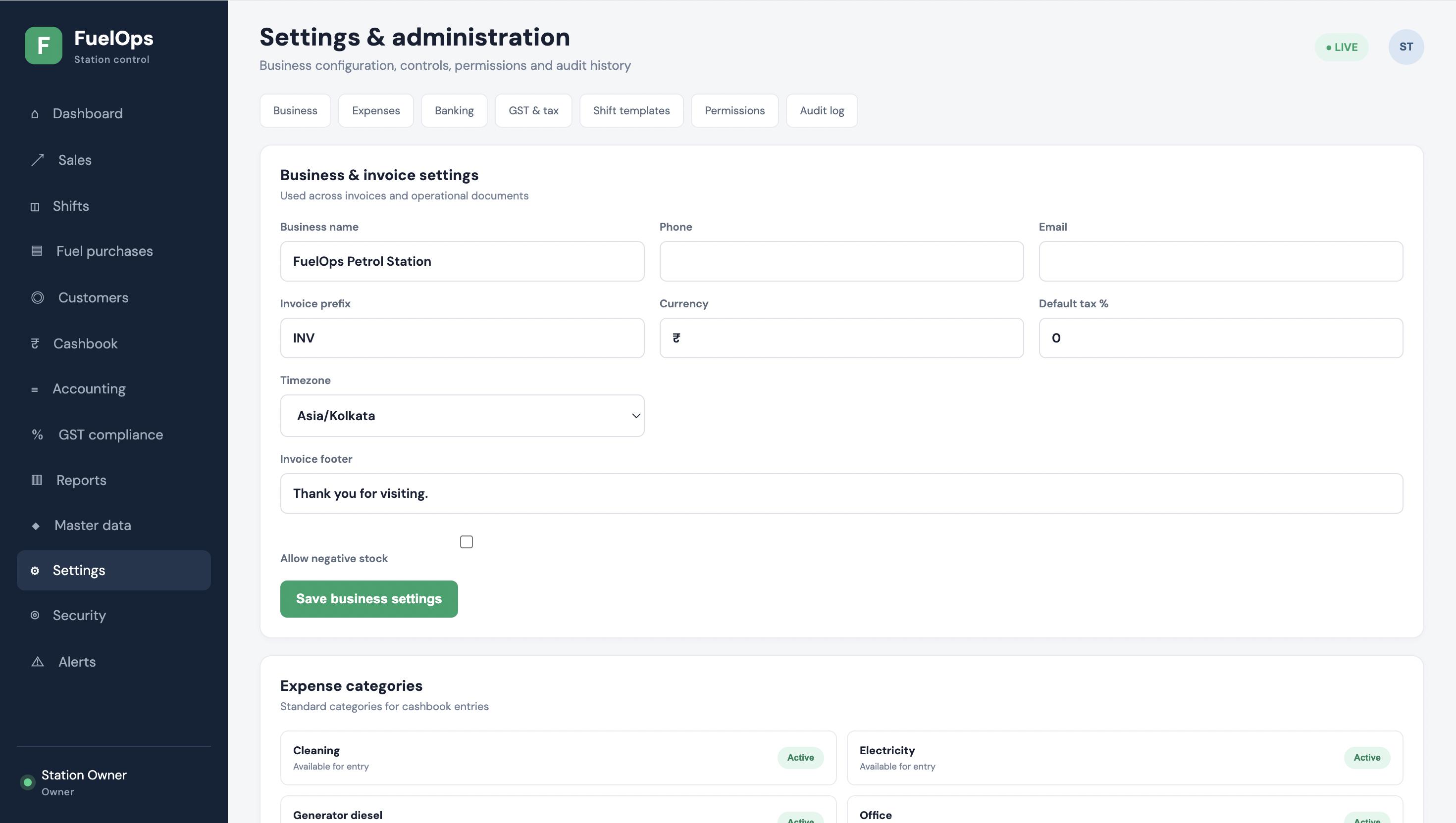 FuelOps petrol pump settings screen for business details, invoices, GST, shifts, permissions and expense categories