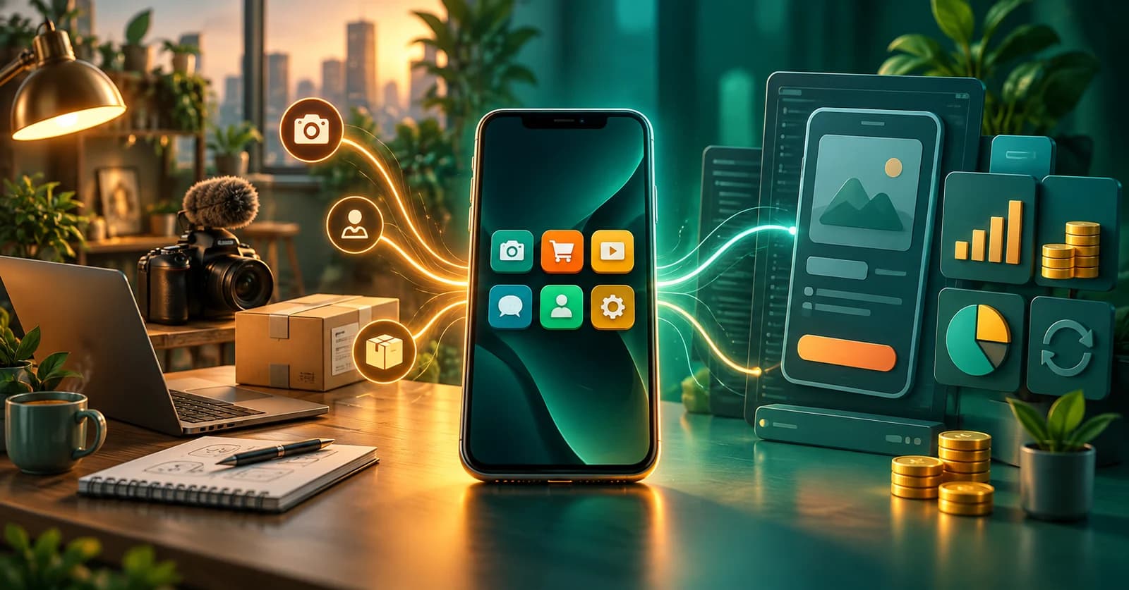 Illustration of a smartphone connecting freelance work and selling with an app business